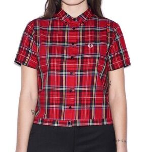 Fred Perry Plaid Cropped Button-Up Blouse